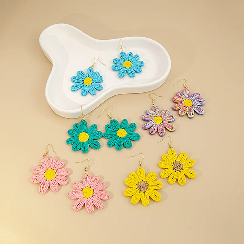 Earrings Handwoven Raffia Daisy Colorblock Boho Summer Beach Lightweight Natural Resort Daily Party Gift Women