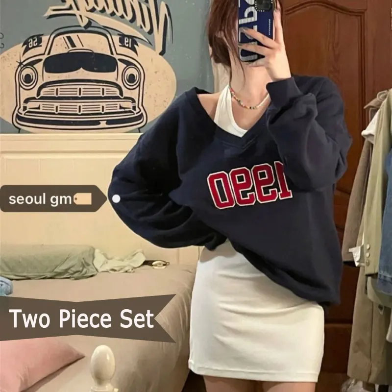 Deeptown Korean Fashion Sweatshirts Two Piece Set for Women Kpop Long Sleeve Oversized Pullover Streetwear Hoodie Off Shoulder