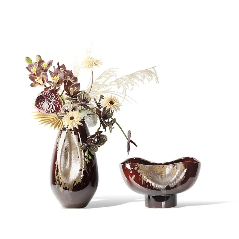 Modern Bronze Red Ceramic Vase Creative Flower Arrangement for Living Room Dining Table Office Home Decor Art Piece Creative