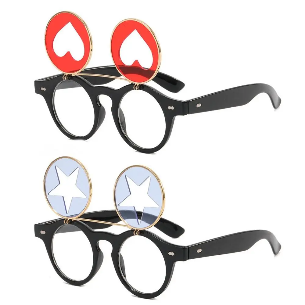 Retro Round Frame Flip Cover Sunglasses Double Layer Heart-shaped Eyewear Star Glasses Punk Sun-Protective Black Shades Glasses