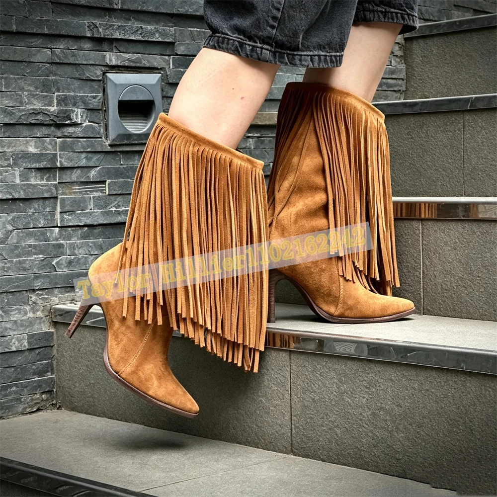 Women Fringe Ankle Boots Pointed Toe Stiletto Heel Shoes Camel Suede Boots Tassel Detail Fashion Western Autumn Winter Footwear