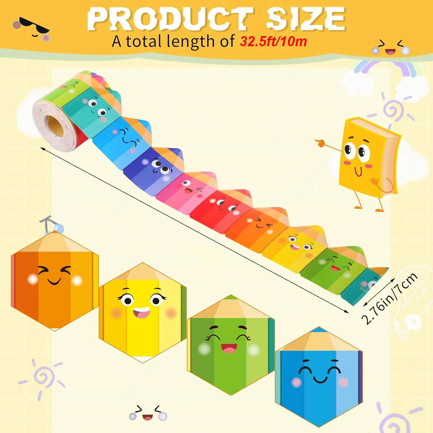 32.5 Feet Bulletin Board Borders,Colorful Pencil Rolled Border Trim Decoration Borders for School, Classroom, Offices Walls,Desk