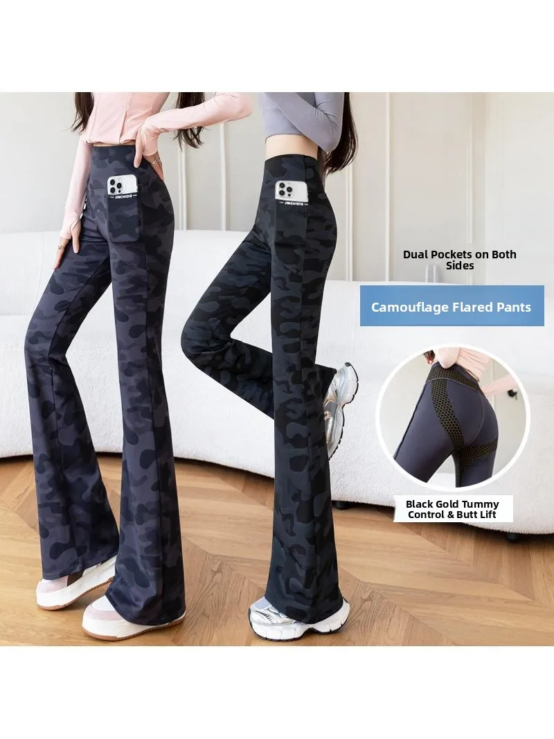 

High Waist Camouflage Bell Bot Yoga Pants Double ket ark Micro Flared Pants plus Size Outerwear Bla Gold Butt Lifting