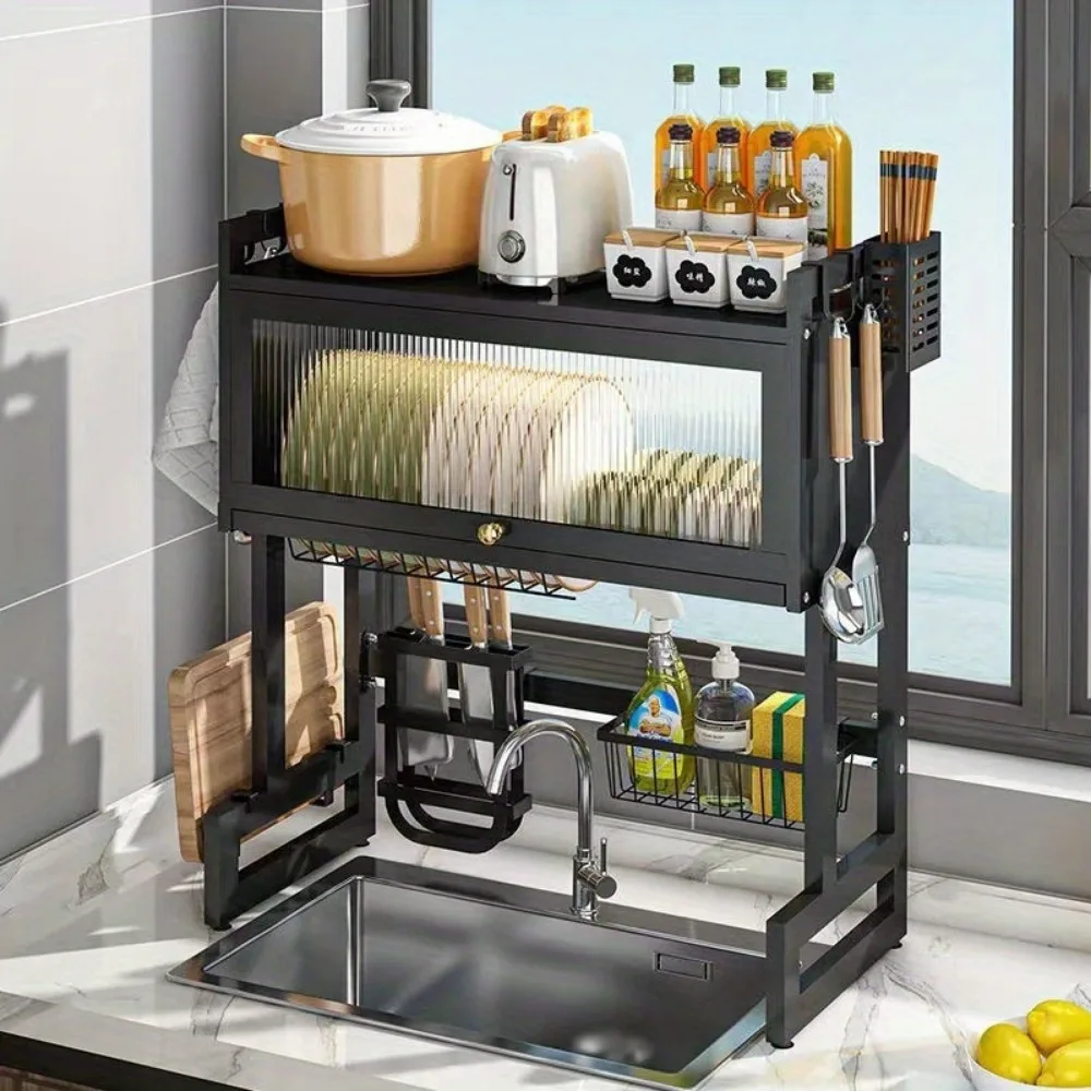 Kitchen Drainer Rack with WindowDivider Shelter Black and White ColorHigh Quality Stainless Steel DurableDrainer Rack