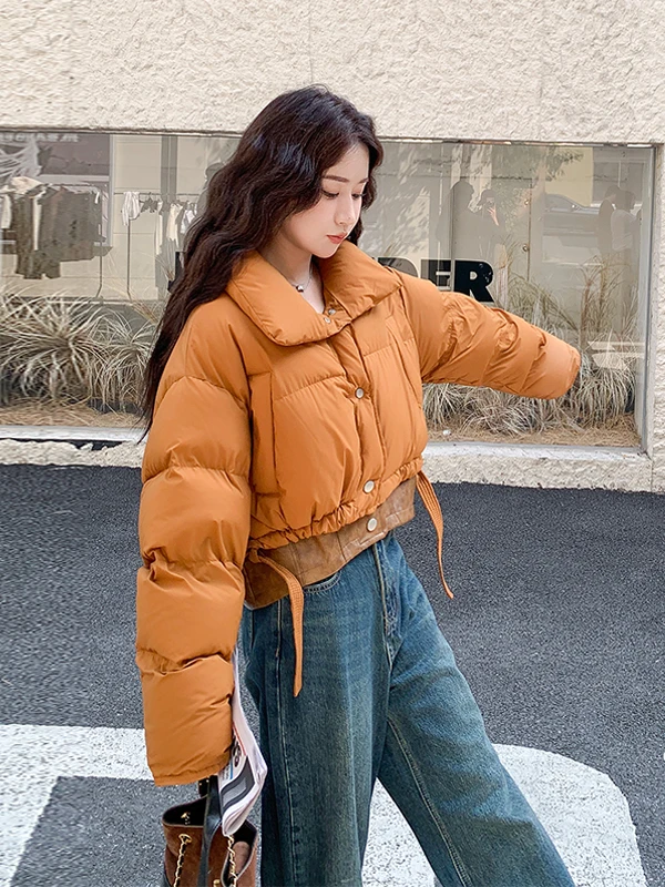 

Women's ort Puffer Jaet Thiened Bread Sle PU Leather Splicing Fake Two-Piece Design Winter Outerwear Casual Loose Fit
