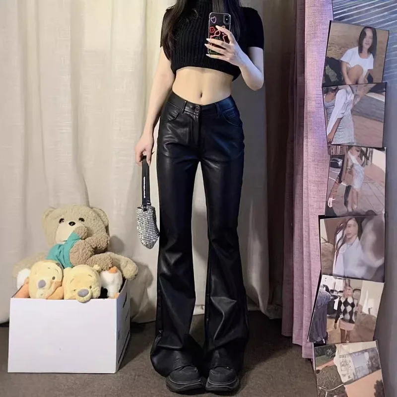 

Black flared leather pants women plus size autumn high waist PU leather American style hot girl tall straight leg floor-Leng