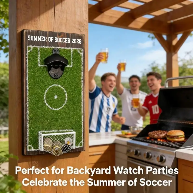 【HG】Soccer Field Bottle Opener Wall Decor, Magnetic Wall Mounted Beer Bottle Opener With Cap Catcher, Wooden Soccer Field Sign