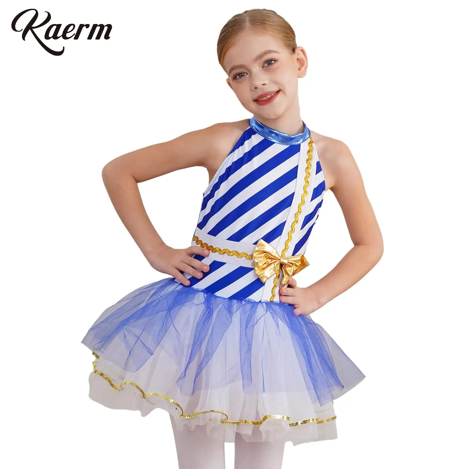 Kids Girls Christmas Costume Sleeveless Hollow Back Sequin And Mesh Patchwork Gold Trim Striped Print Gold Bow Leotard Dress