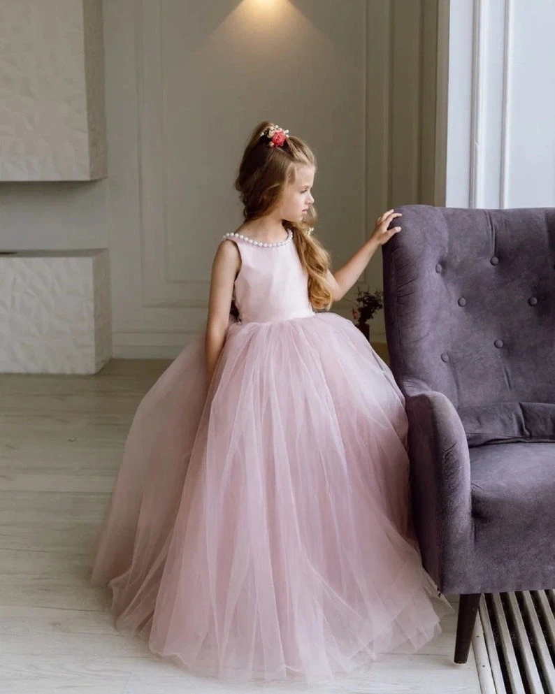 

Girl Dress with Pearls Girl Wedding Dress Blush Flower Girl Dress Satin Tutu Bow Baby Girls Dresses for Party and Wedding