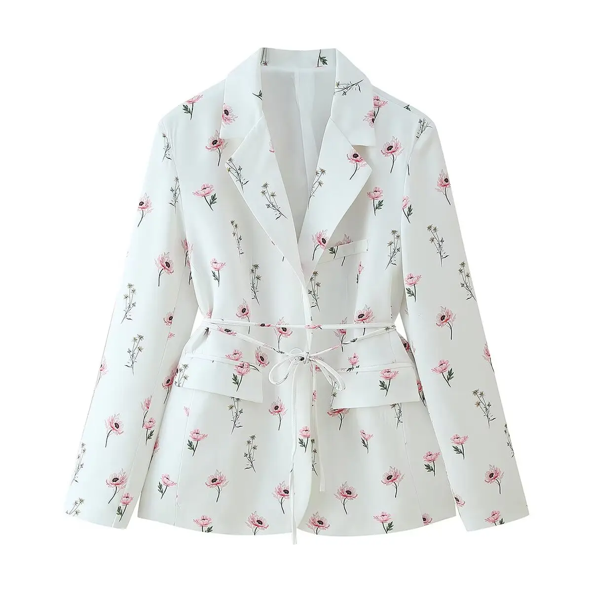 2025 Spring Autumn Lacing Up Bow Sashes Beige Floral Print Blazer Boyfriend Vintage Women Front Pockets Loose Suit Fashion Coat