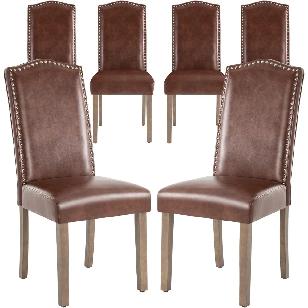 كرسي طعام بارسونز منجد أنيق مصنوع من جلد صناعي من البولي يوريثان مع زخرفة رأس أظافر فضية وأرجل خشبية صلبة قوية #3