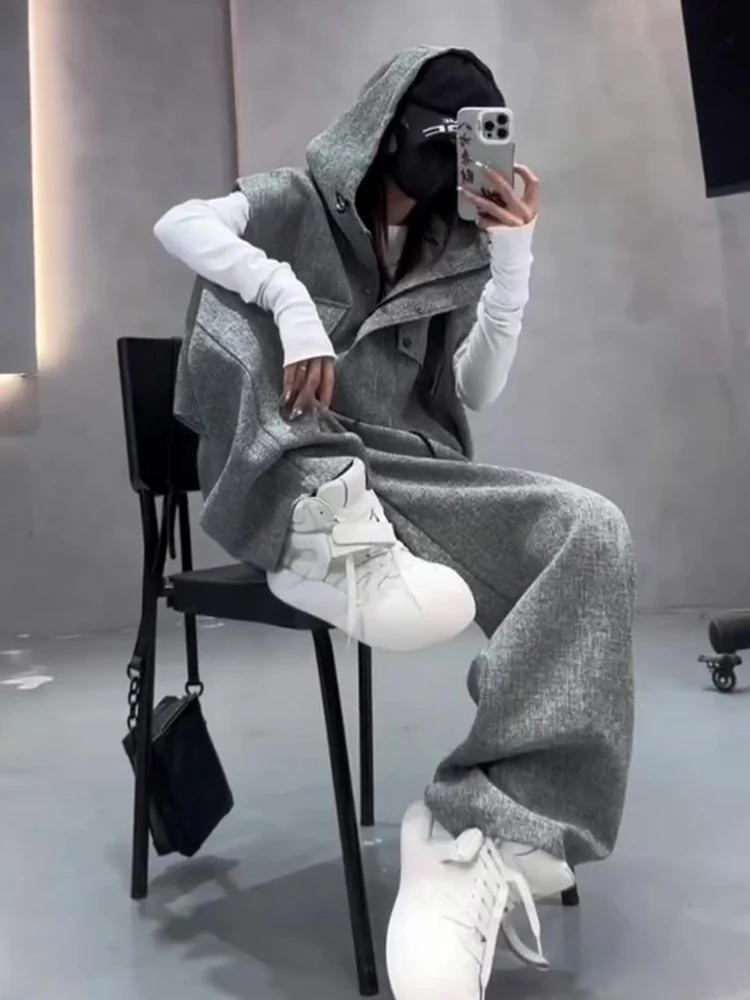 

Women's spring autumn new style sleeveless hooded vest straight leg wide leg pants fashion casual sports two-piece set