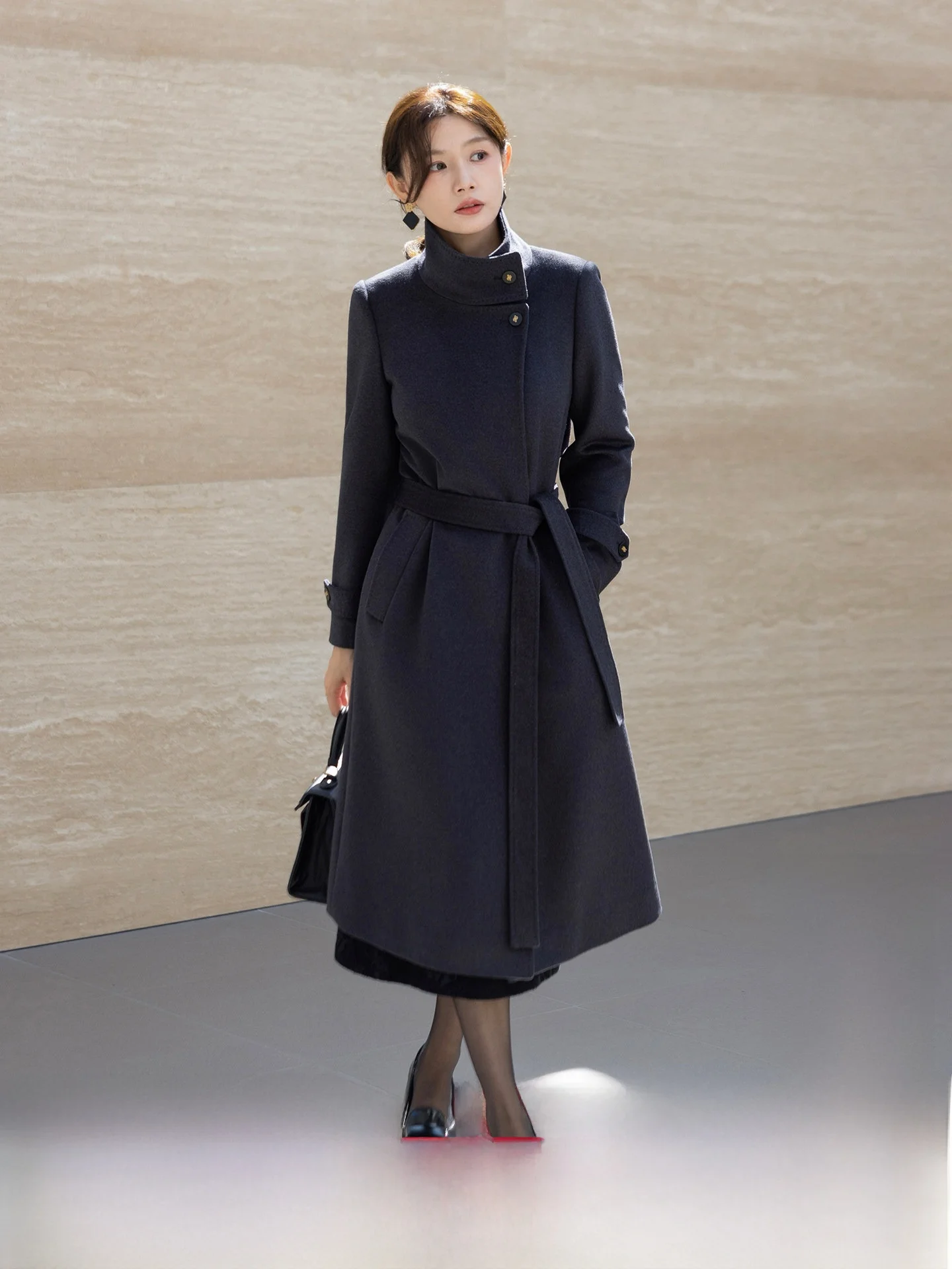 

Classic Stand Collar Thiened Woolen Coat Women's Purple ing Long Medium Length Camere Coat Winter Commute Sle