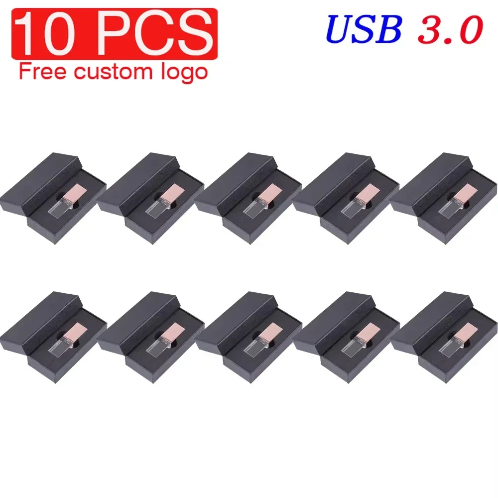 10PCS/LOT New High Speed Crystal USB 3.0 Flash Drive Wedding Gift 128GB Free 3D Engraved Memory Stick 64GB Black Box Pen Drive