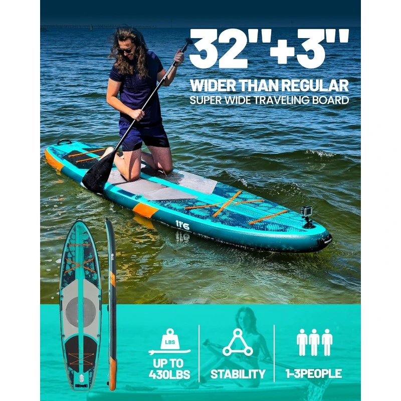 Tabla de Paddle inflable súper ancha de 11'6 × 35", SUP ancho ultra estable para 2 + 1 personas/familia/tamaño grande, mochila de 100L