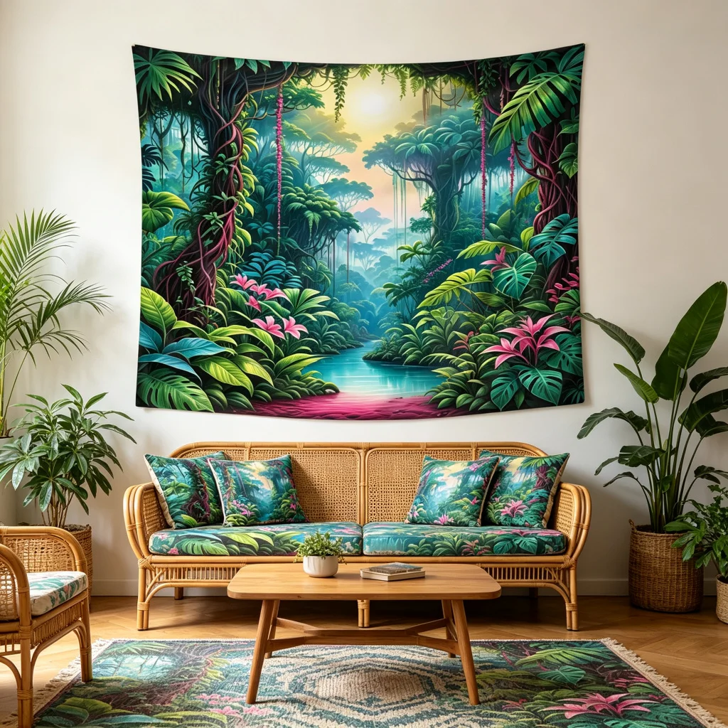 1PC Tropical Jungle River Art Print Backdrop Banner, Bedroom Living Room Photo Background, Polyester, Home Decor, Wall Art