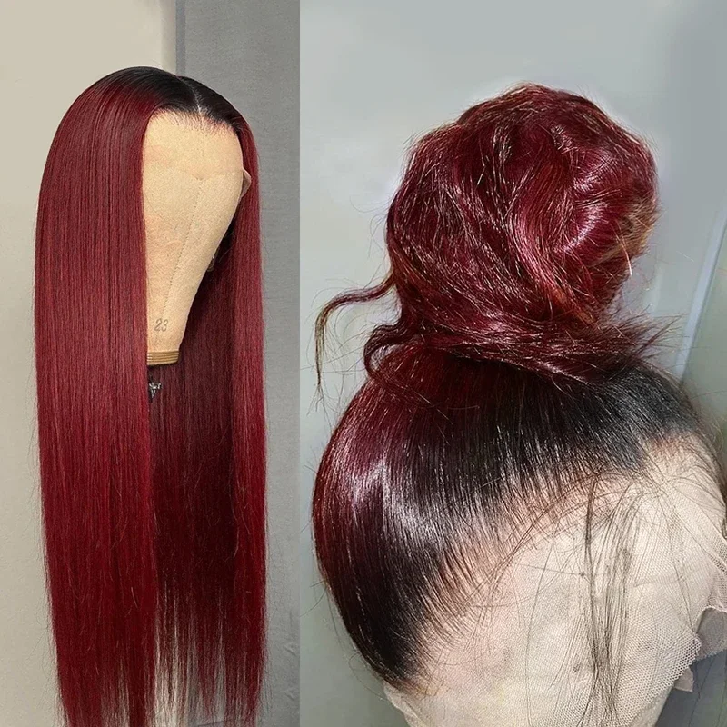 Wig rambut manusia depan Ombre Hd Lace Wig Brasil warna gelap Burgundy 99J renda tulang depan rambut manusia lurus Wig tanpa lem