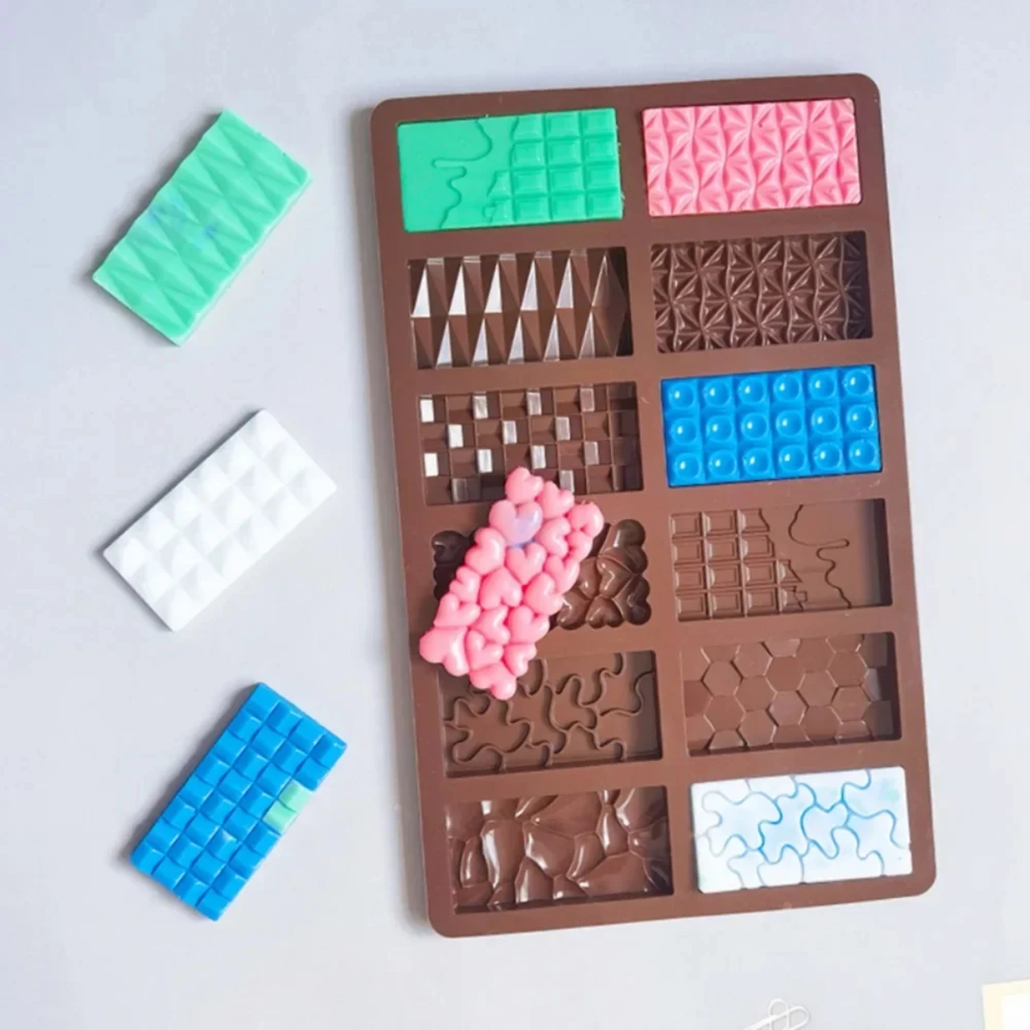 12 Cavity Geometric Heart Chocolate Silicone Mold  Bricks Puzzle Candy Biscuit Baking Mould Ice Tray Cake Decor DIY Gift