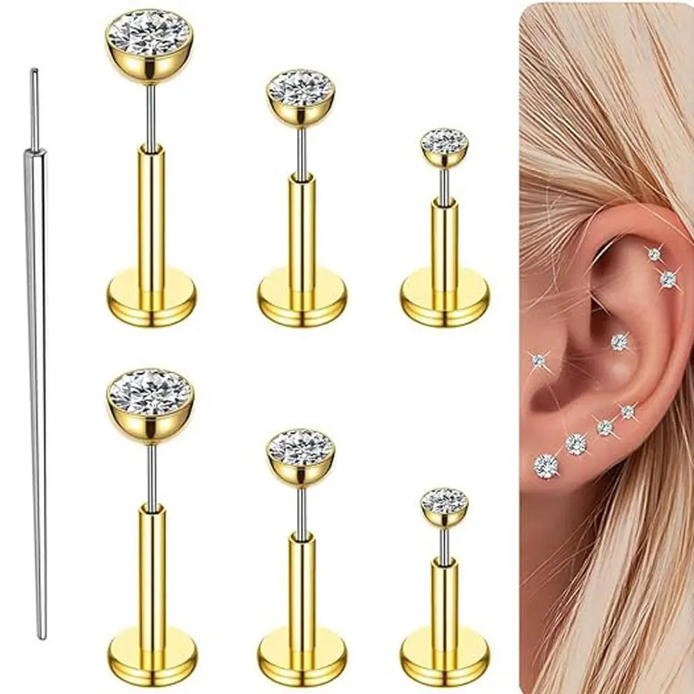 7Pcs Set Flat Back Earrings Studs Nose Rings Ear Screen Shiny CZ Lips Lip Lip Conch Body Piercing Jewelry for Women and Men