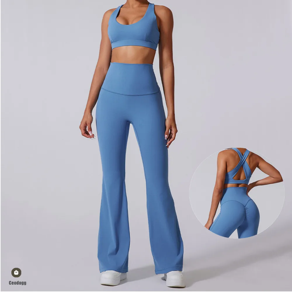 

1/2PCS Pad Mesh Long Sleeve Yoga Set Women Workout Wide Flare High Waist Leggings Sportswear Gym Push Up Fitness Bra Sports Suit