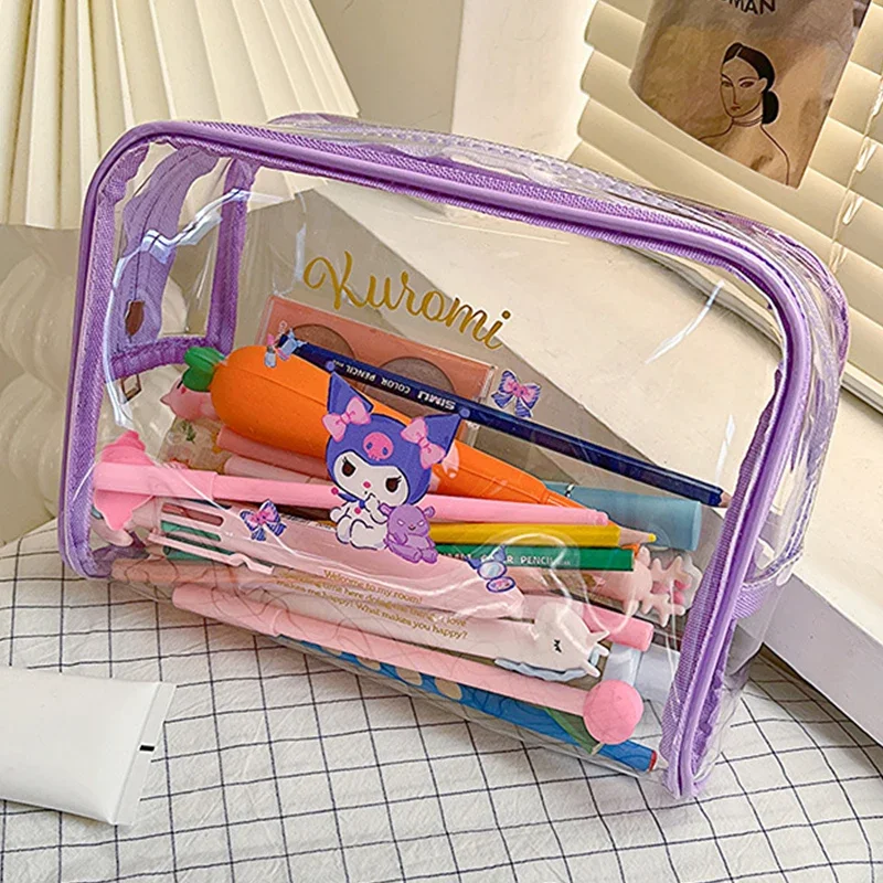 New Sanrio Mymelody Kuromi Cinnamoroll Pencil Case Transparent Pencil Pouch High Capacity Makeup Brush Stationery Storage Bag