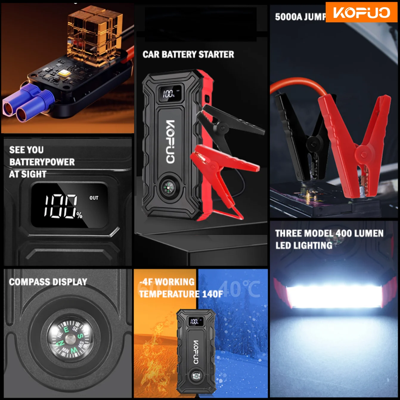 بنك الطاقة KOPUO 5000A للسيارة Jump Starter لغاز 10.0 لتر/ديزل 8.5 لتر، مصباح LED ثلاثي الأوضاع، بوصلة، استخدام في حالات الطوارئ بدرجة حرارة منخفضة