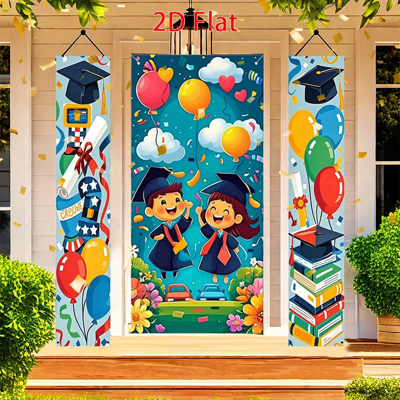 2D Flat 3-Piece Graduation Door Banner Set, 1 Pair Couplet & 1 Banner, Ideal for Porch & Wall Decoration