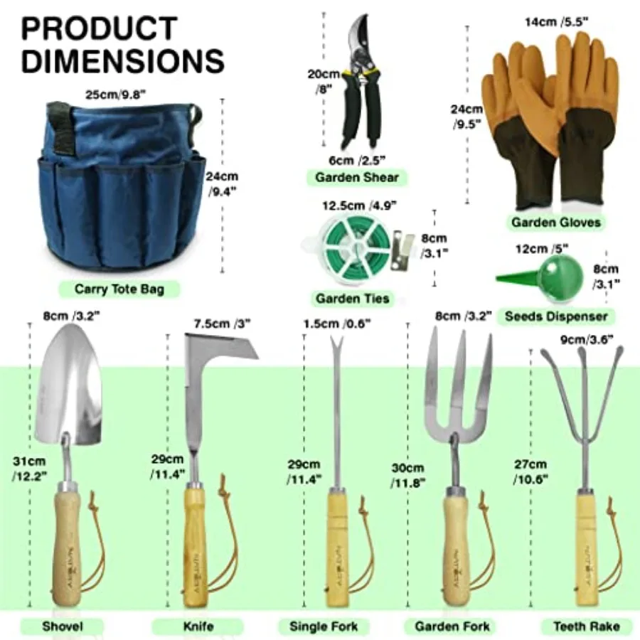 Zestaw narzędzi ogrodowych Premium ze stali nierdzewnej z solidnymi rączkami z drewna bukowego Kompletny zestaw narzędzi ogrodniczych, w tym grabie