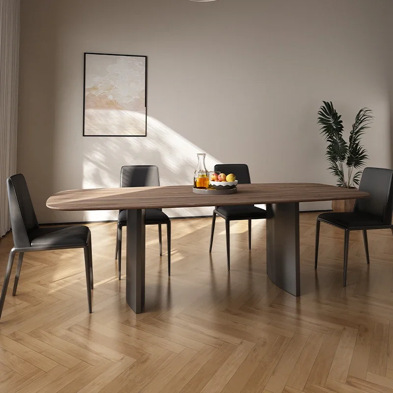 Eettafel villa grote vlakke vloer minimalistische roestvrijstalen rechthoekige massief houten zwarte walnoot eettafel en stoel combinatie