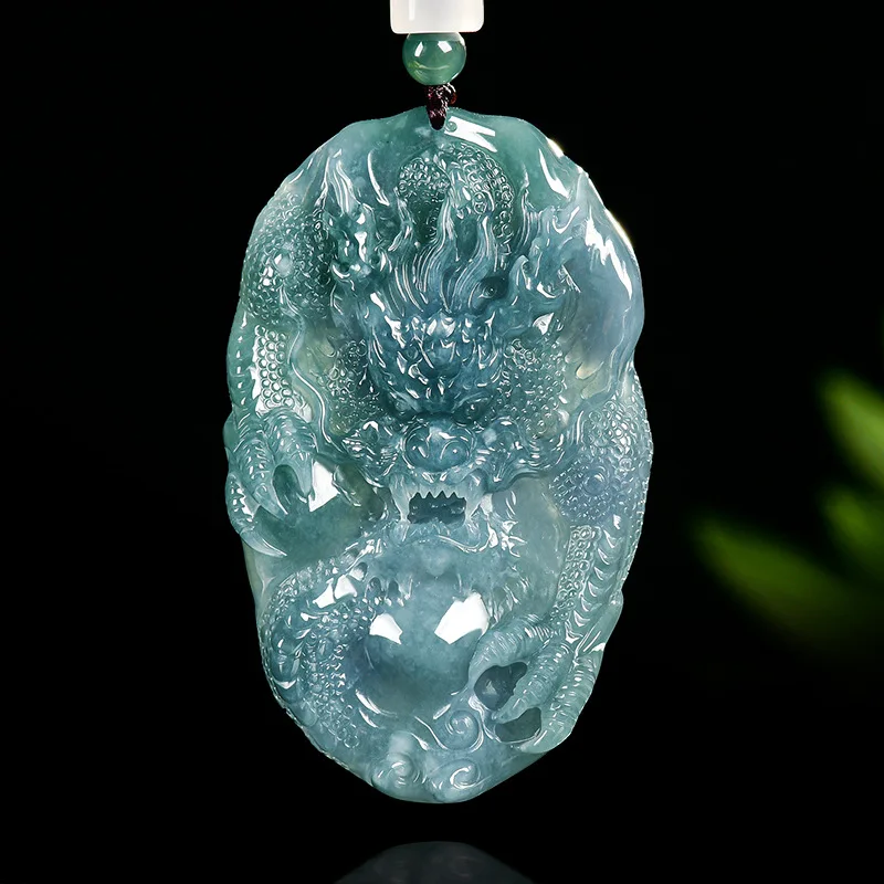 

Natural Jade Blue Water Exquisite Carving Zodiac Dragon Ice Jadeite Necklace Pendant Man and Woman Couple Amulet Holiday Gift