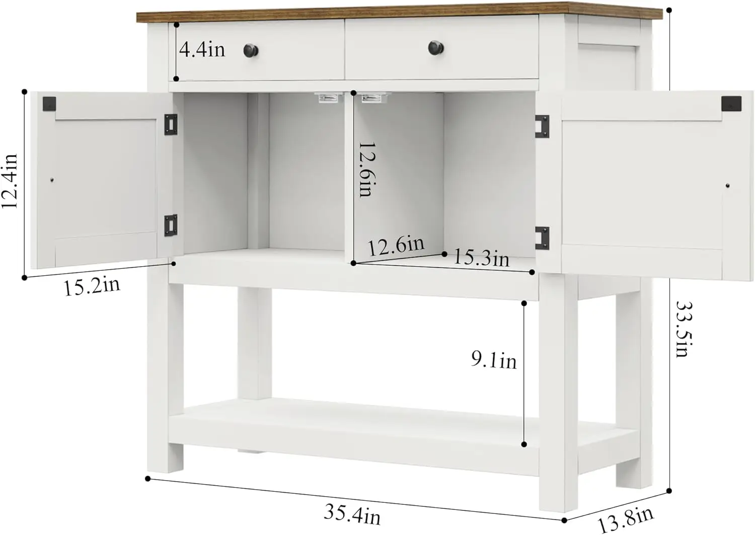 طاولة كونسول للمزرعة مع بابين ودرجين ورف تخزين - طاولة مدخل بيضاء للمطبخ والممر وغرفة المعيشة