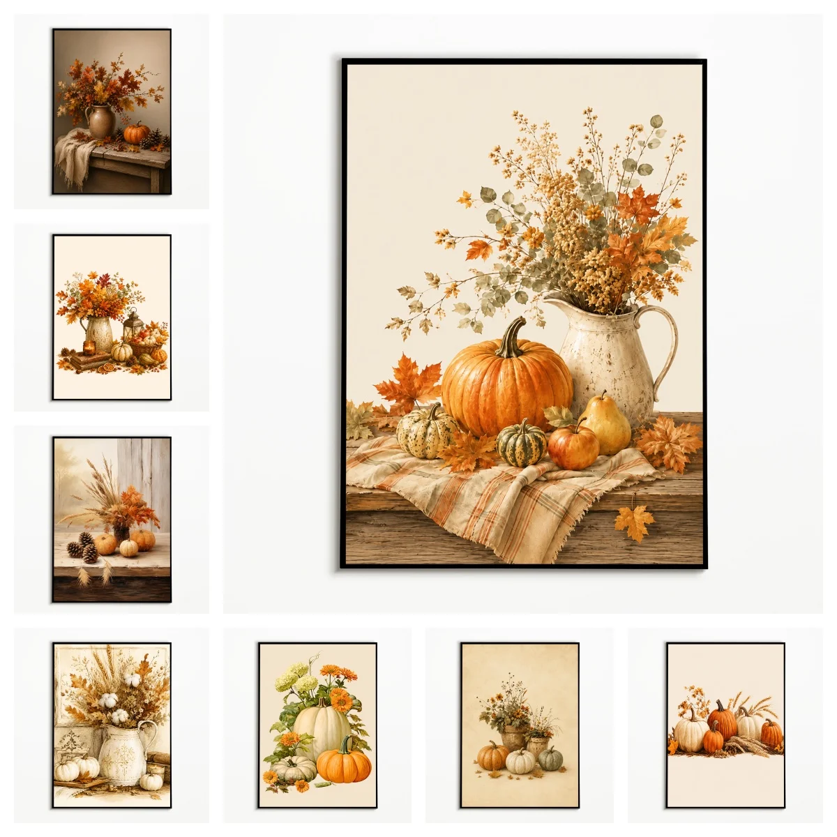 1PC Autumn Pumpkin Florals Poster Thanksgiving Harvest Wall Art Fruit Vegetable Vase Canvas Printing Fall Gift Room Decor