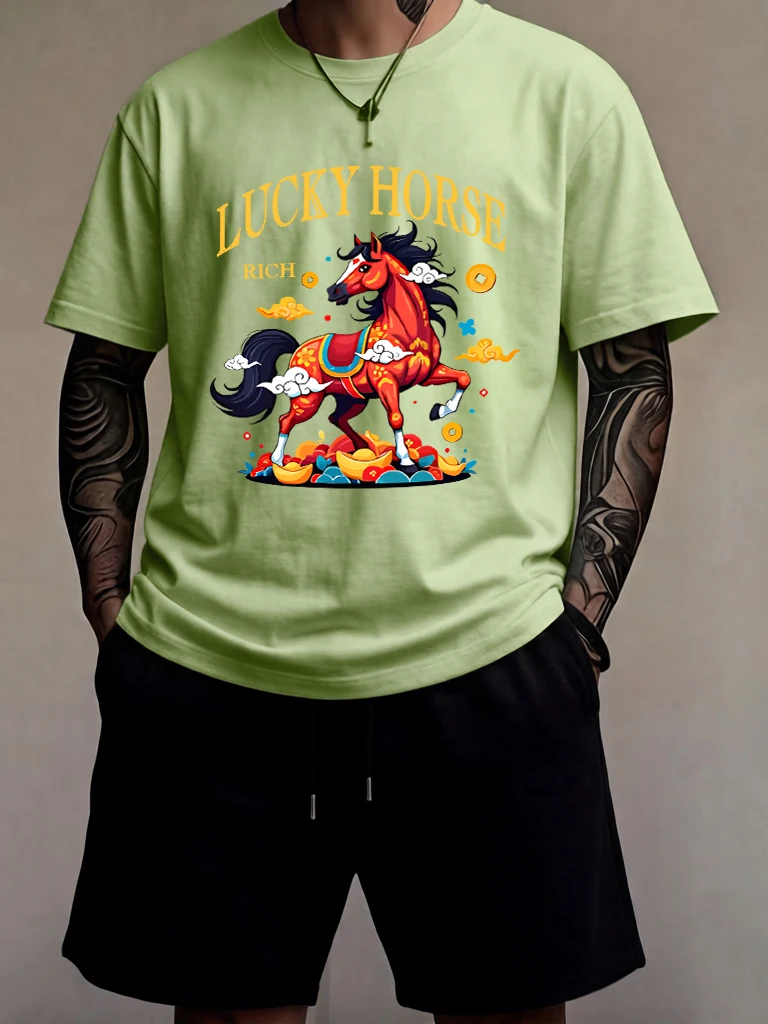 

The Year Of The Horse Is Luckyprint Man Comfortable Summer Britches Cotton Cool Short Sleeve 2Pc Set Simple Running Streetwear