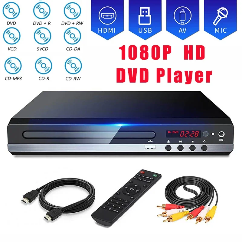 

Плеер DVD Full HD 1080P с высоким разрешением, воспроизведение CD/EVD/VCD, выход AV и HDMI, микрофон, USB для домашнего кинотеатра, караоке и вечеринок