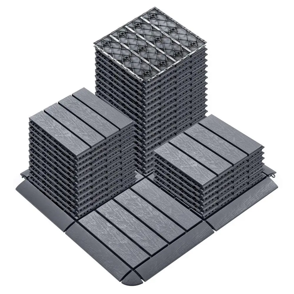36개의 연동 데크 타일 11.8x11.8인치 야외 바닥재 24개의 엣지 키트로 방수 처리 파티오 바닥 타일 안전 트롤리 및
