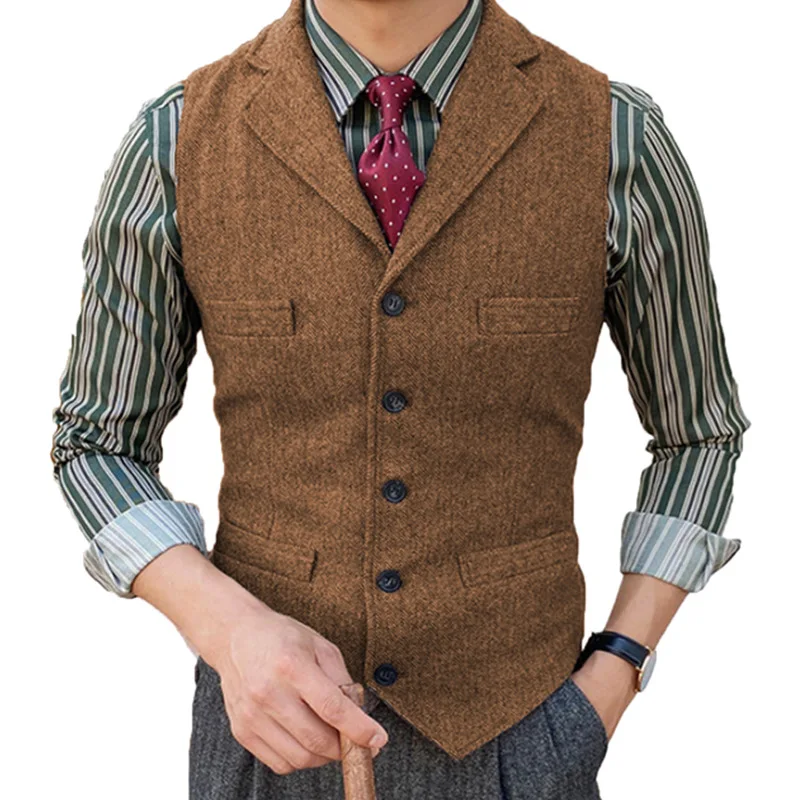 2023 Men Vest Burgundy Herringbone Tweed Tailored Collar Double-Breasted Vests Coffee Business Waistcoat for Men Clothing