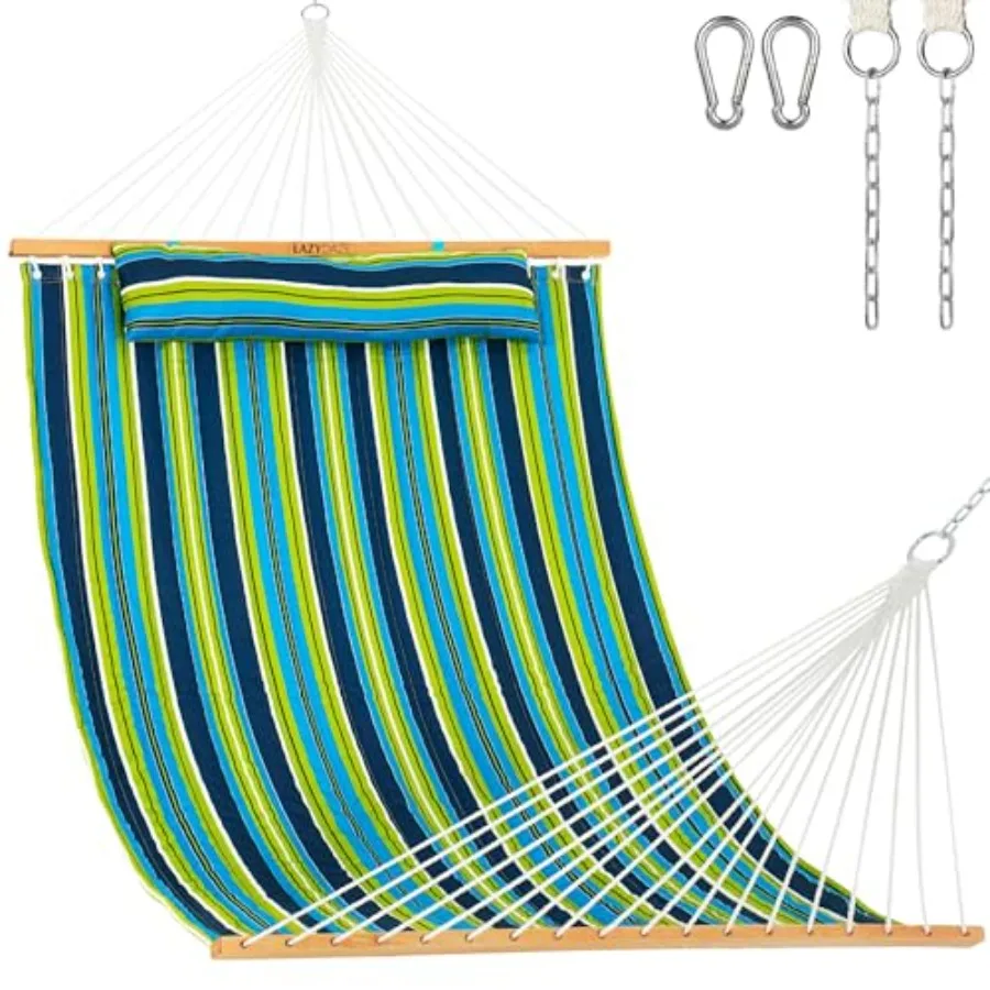 

Outdoor use, polyester fabric, navy blue, extra-wide 12 ft quilted design with spreader bars and detachable pillow for 450 lbs