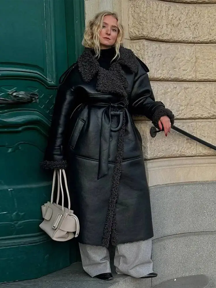 ヴィンテージパッチワークファーレザージャケット レディース ラペル レースアップ 長袖 厚手 暖かいジャケット 2026年冬 レディース新作 ストリートウェア オーバーコート