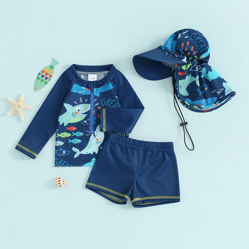 Kleinkind Baby Jungen Sommer Badeanzug Set Fisch druck Langarm Tops elastische Taille Badehose Hut Kinder 3 Stück Badeanzug