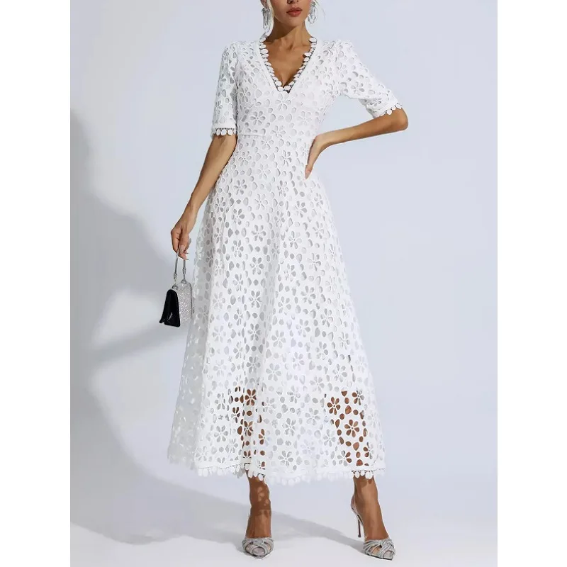 Robe de soirée élégante en dentelle, Corset ajouré, Sexy, Y2K, bureau, manches courtes, col en V, fluide, style Boho, longue robe de plage