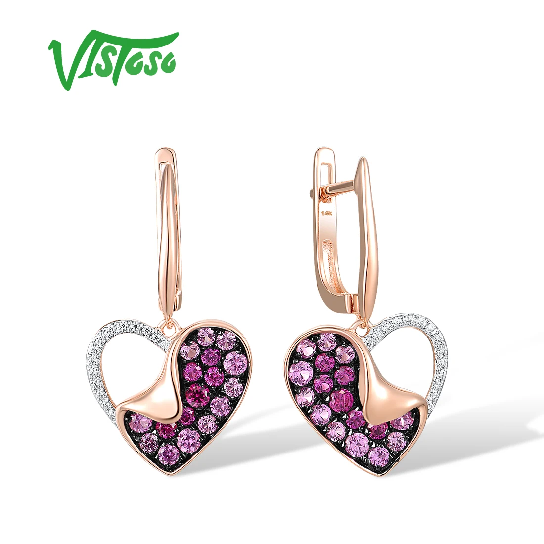 

VISTOSO Pure 14K 585 Rose Gold Drop Earrings For Women Sparkling Diamonds Pink Sapphire Ruby Sweet Heart Wedding Fine Jewelry