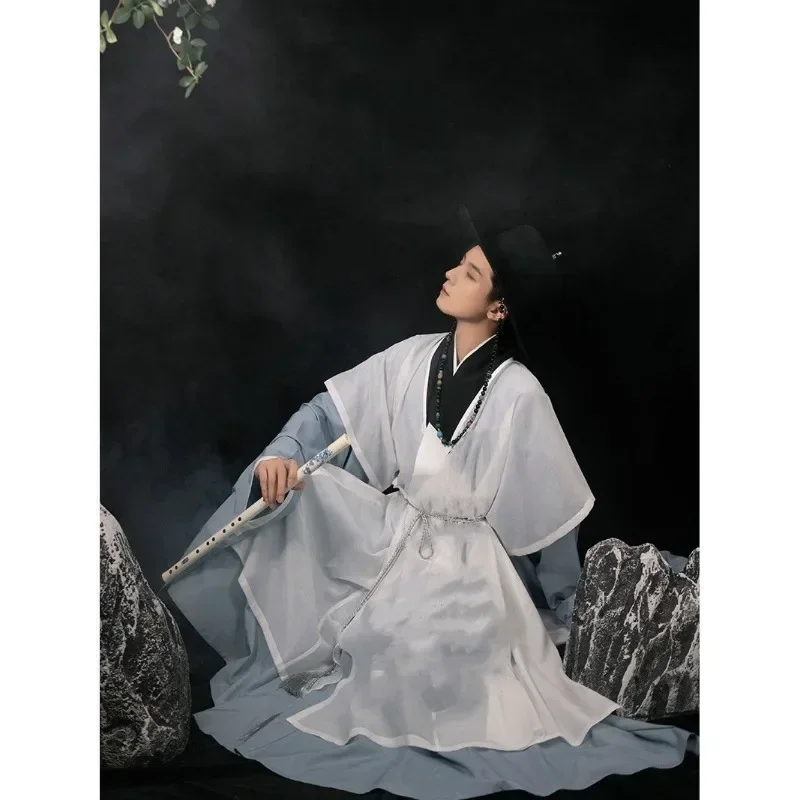 Spring Ming Dynasty Handsome Hanfu Dress Chinese Traditional Clothing for Men Retro Solid Color Cross Collar Hanbok Suit Robe