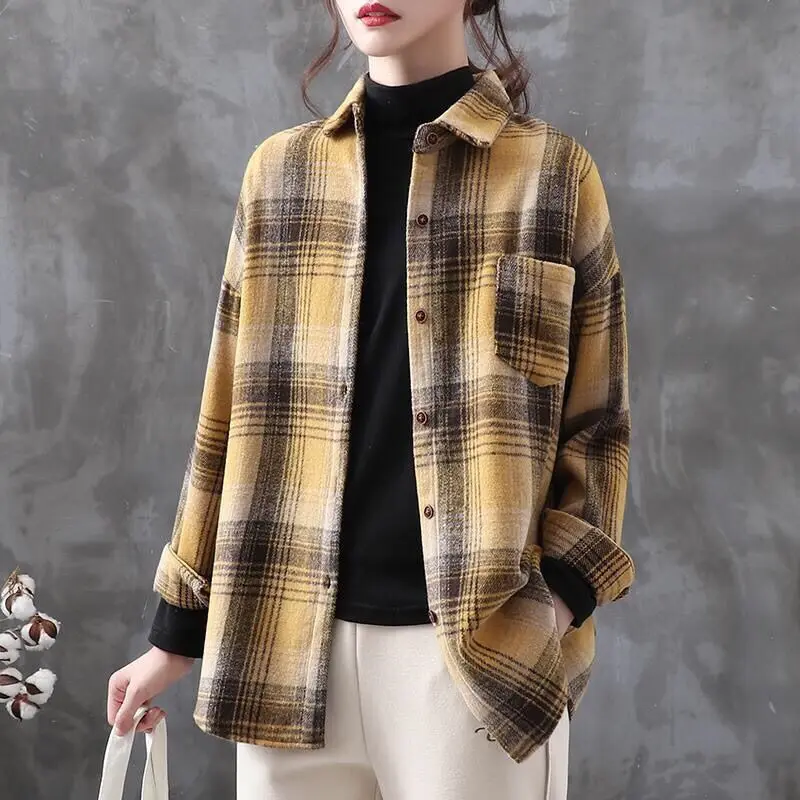 

Fashion Printed Lapel Button Pockets Plaid Shirt Women's Clothing Spring Autumn New Loose Casual Tops All-match Commute Blouse