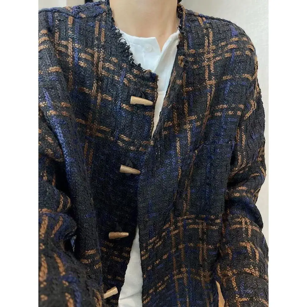 

Осень-зима вязаный хлопковый плед в клетку Small Fraance Sle Jaet Топ с воротником для пары верхняя одежда с длинным воротником-стойкой...