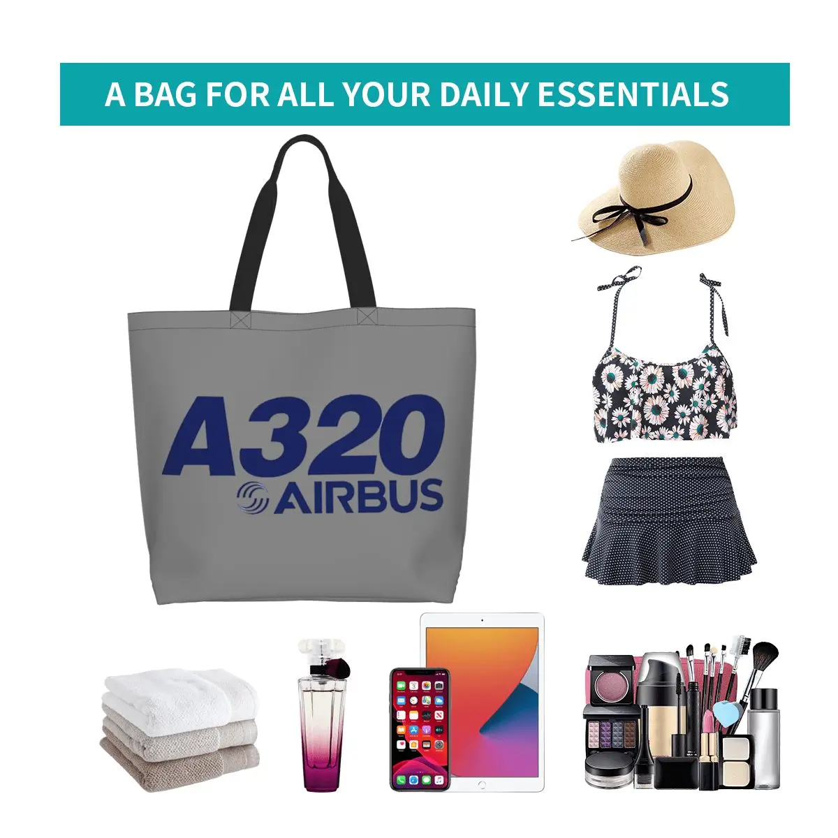 حقيبة تسوق بشعار Airbus A320، حقيبة كتف من القماش ذات سعة كبيرة، حقيبة يد للمتسوقين والبقالة للنساء