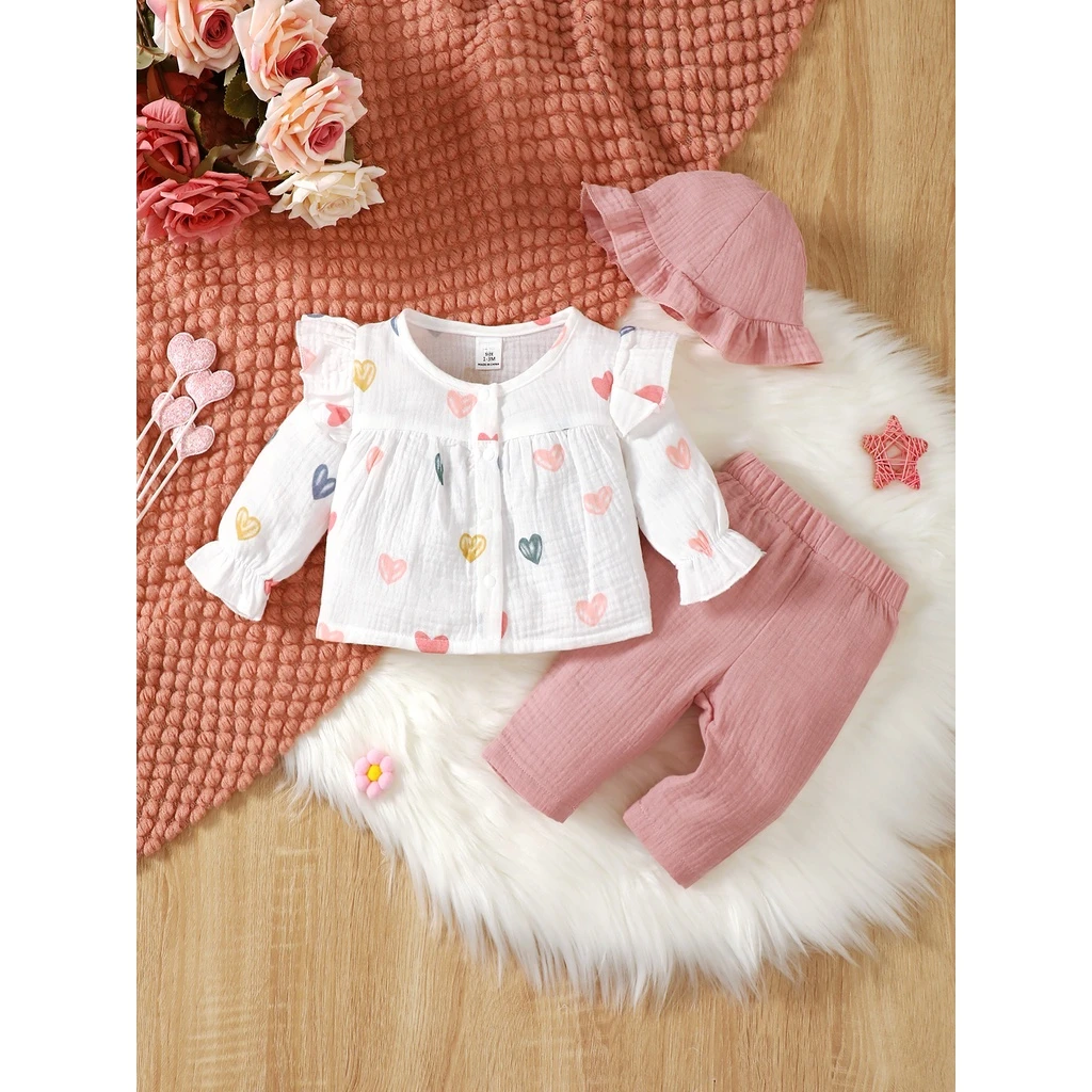 0-9 mesi Set di abbigliamento per bambina amore stampato manica lunga girocollo Top + pantaloni rosa + cappello 3 pezzi primavera e autunno Set di