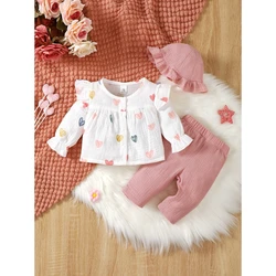 0-9 mesi Set di abbigliamento per bambina amore stampato manica lunga girocollo Top + pantaloni rosa + cappello 3 pezzi primavera e autunno Set di abbigliamento adorabile