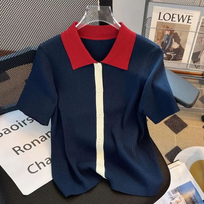 

Beautiful Small Shirt Lapel Contrasting Color Chic Short-sleeved T-shirt Large-size Ice Silk Top