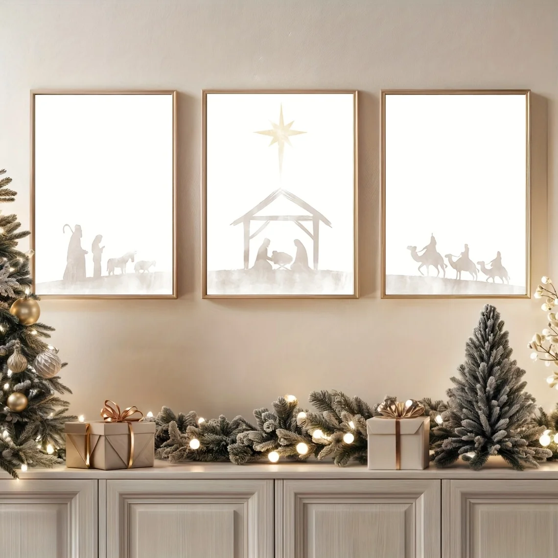 3pcs Nativity Scene Wall Art - Modern Christian Watercolor Christmas Story Paintings, Simple Nativity Posters Suitable for Be