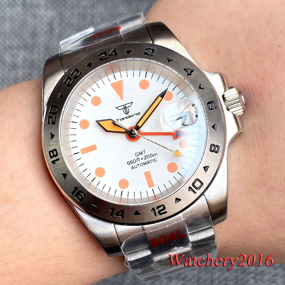 Tandorio 39mm White Dial Orange GMT NH34 NH34A GMT Mechanical Automatic Men's Watch Sapphire Glass Luminous Dial